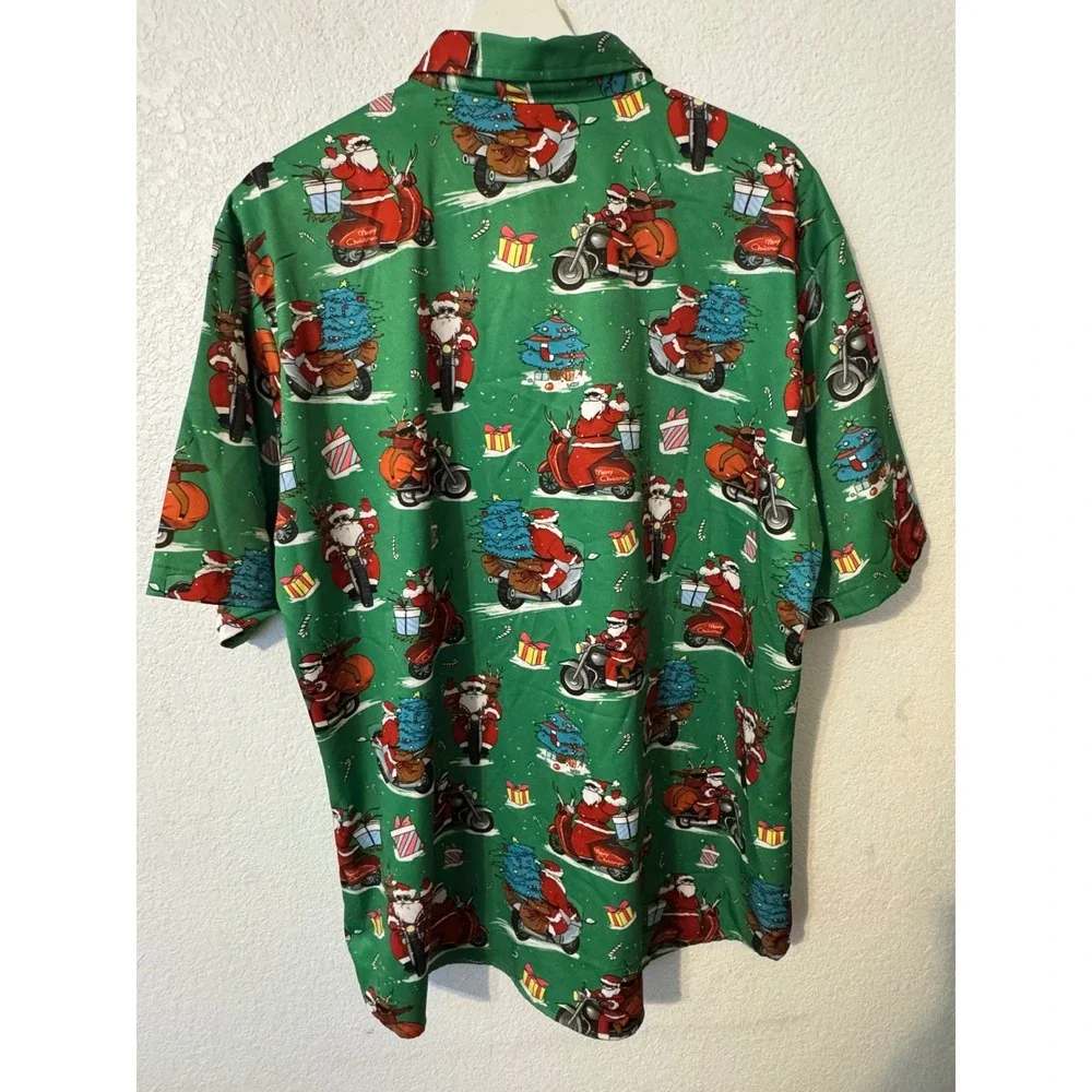 JOGAL Mens Santa Motorcycle Print Short Sleeve Button Up Shirt - XL‎ Festive